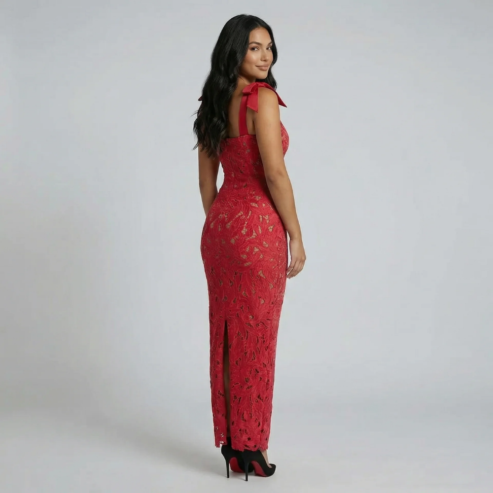 Red floral lace maxi dress—side view showing slit detail at the hem.