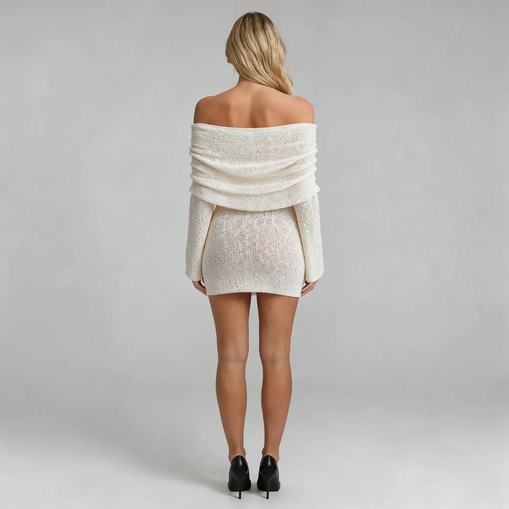 Women white textured off-shoulder long sleeve mini dress worn by a model standing facing backward.