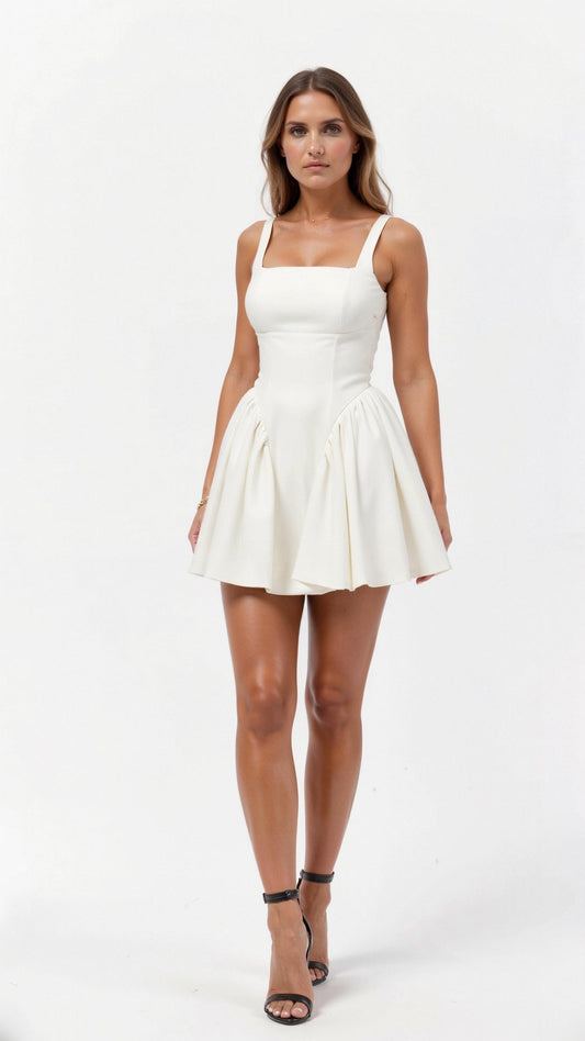 White fit-and-flare mini dress with square neckline — front view showing flared skirt design