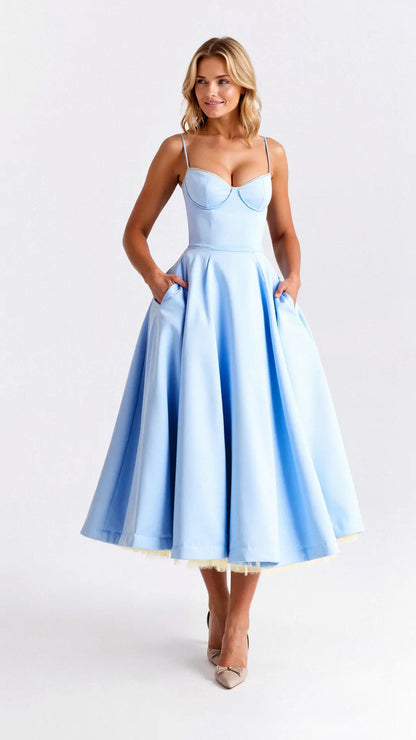 Light blue corset-style midi dress with a flattering bustier bodice — front full-length view.