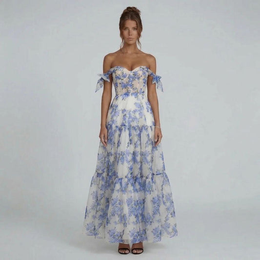Women blue sweetheart off-shoulder floral maxi dress, front view