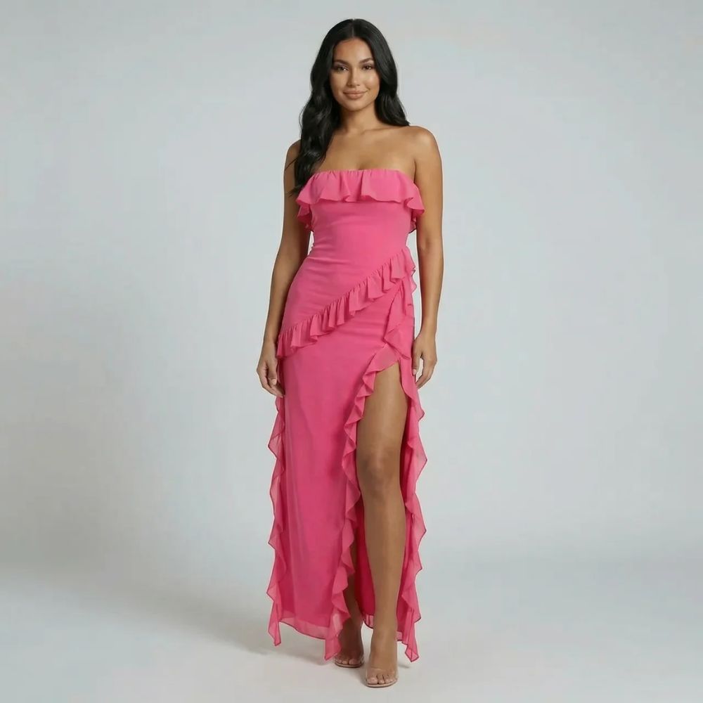 Pink strapless ruffle maxi dress with cascading ruffles and asymmetric hem
