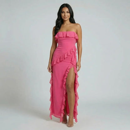 Pink strapless ruffle maxi dress with cascading ruffles and asymmetric hem