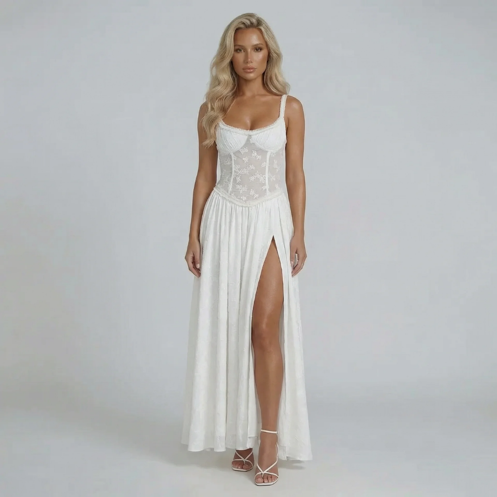 White floral corset maxi dress — front view highlighting floral design and waist-defining bodice