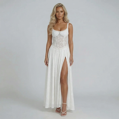 White floral corset maxi dress — front view highlighting floral design and waist-defining bodice