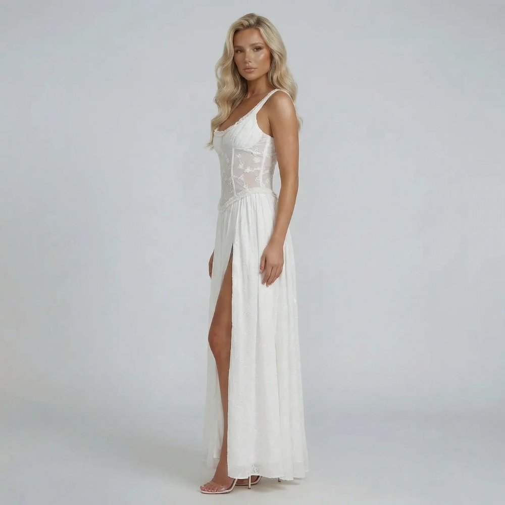 White floral corset maxi dress — side view with square neckline and elegant skirt movement