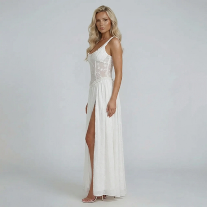 White floral corset maxi dress — side view with square neckline and elegant skirt movement