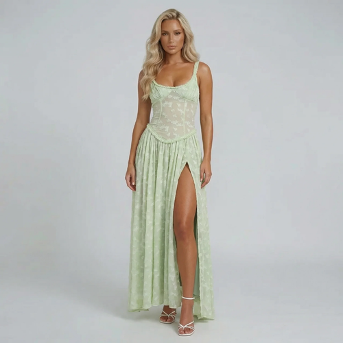 Green floral corset maxi dress — front view featuring square neckline and high slit detail