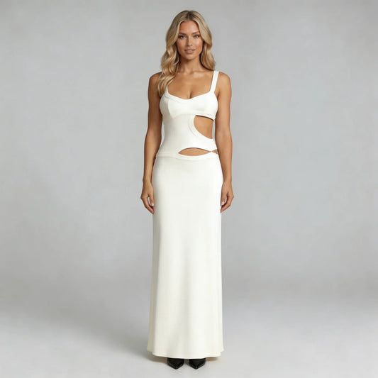 White cutout maxi dress featuring floor-length style and square neckline — full front view.