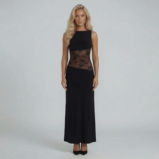 Black lace maxi dress with sheer waist panel and boat neckline — front view showing sleek silhouette.