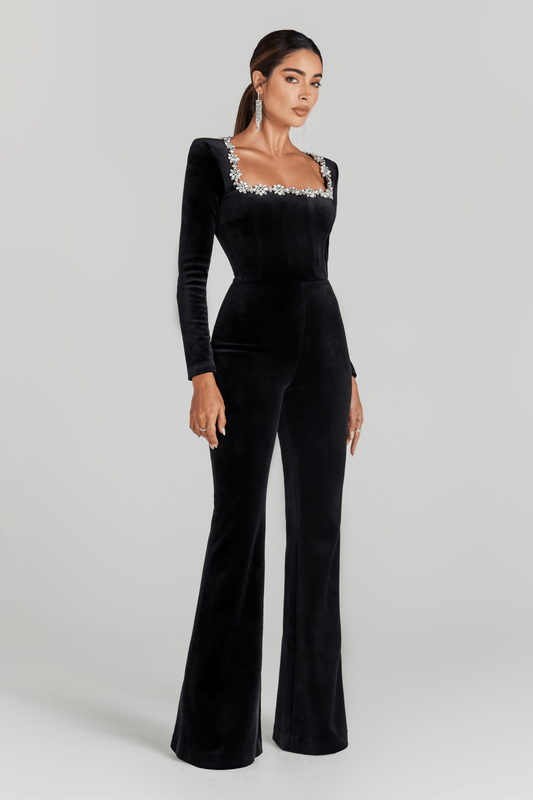 Women black square neck jumpsuit, front view