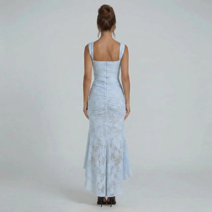 Light blue lace maxi dress — back view highlighting ruched wrap and delicate lace detailing.