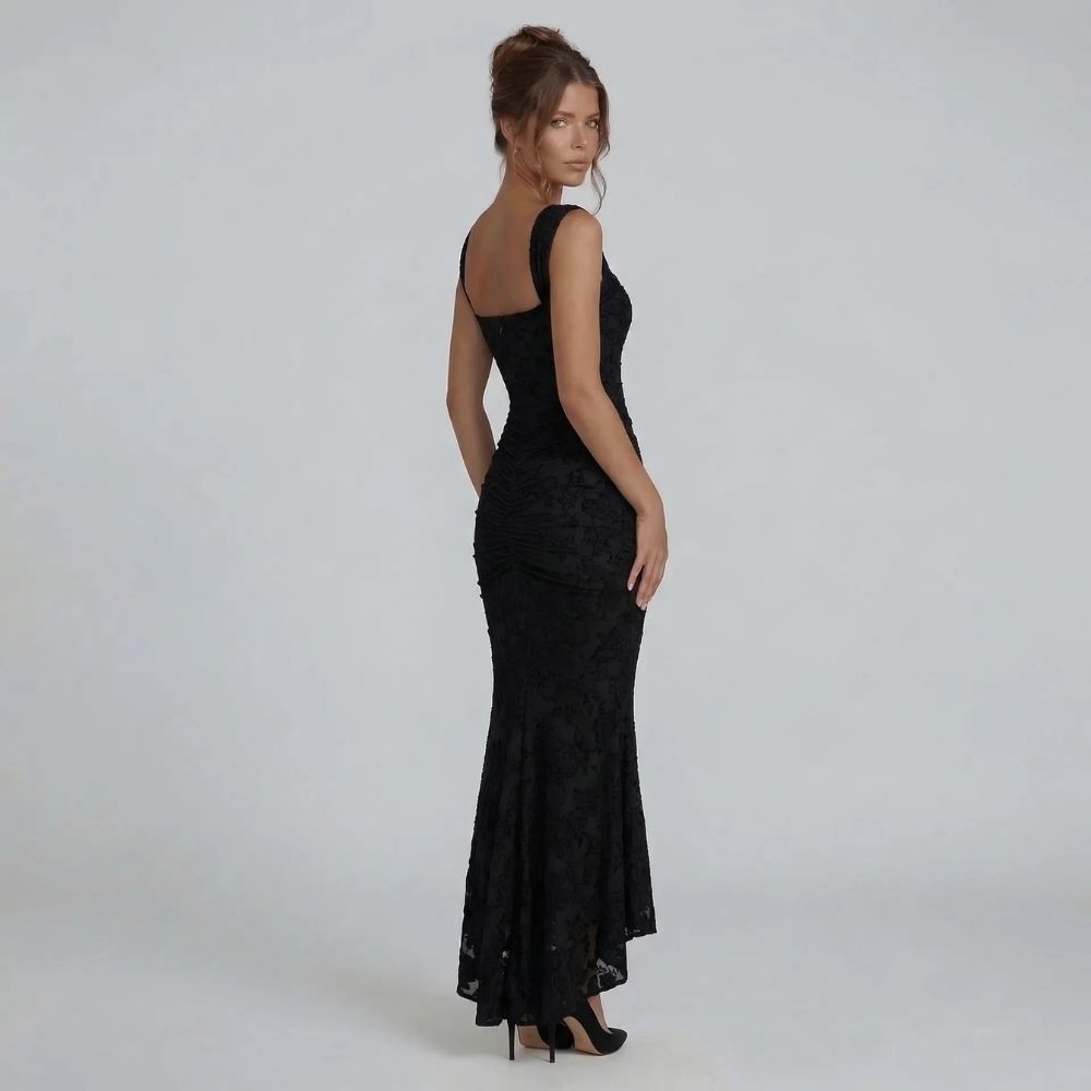 Black lace maxi dress — side angle showcasing corset bodice and elegant fit.