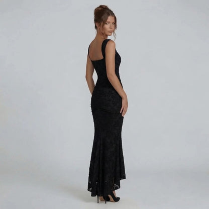 Black lace maxi dress — side angle showcasing corset bodice and elegant fit.