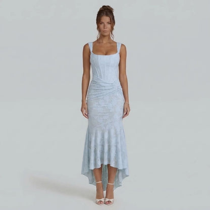 Light blue lace maxi dress with wide straps and high-low hem — front view.