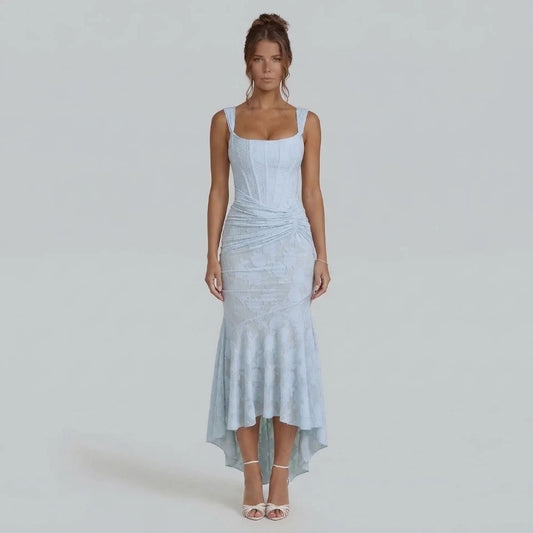 Light blue lace maxi dress with wide straps and high-low hem — front view.