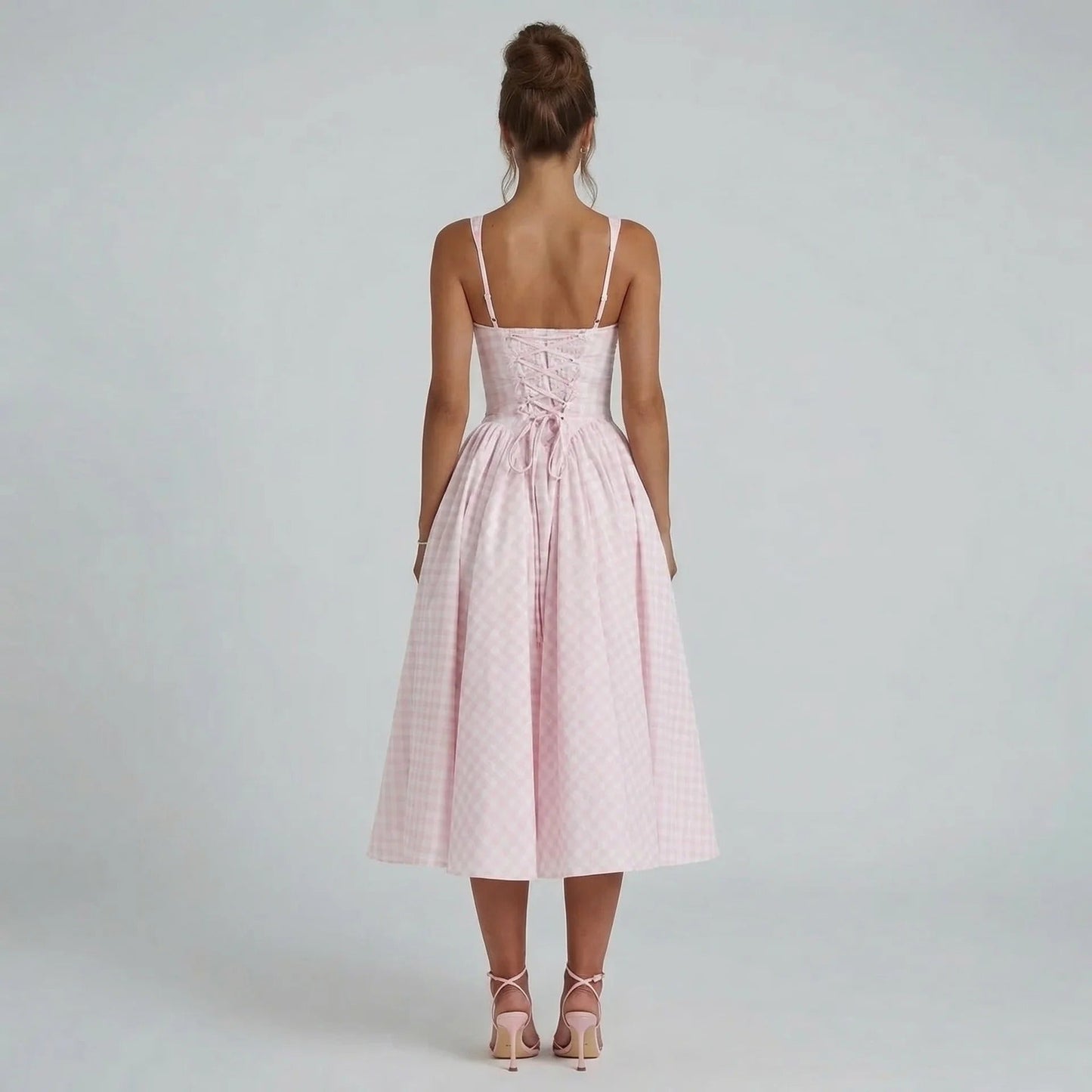 Pink gingham corset midi dress with lace-up back detail — back view