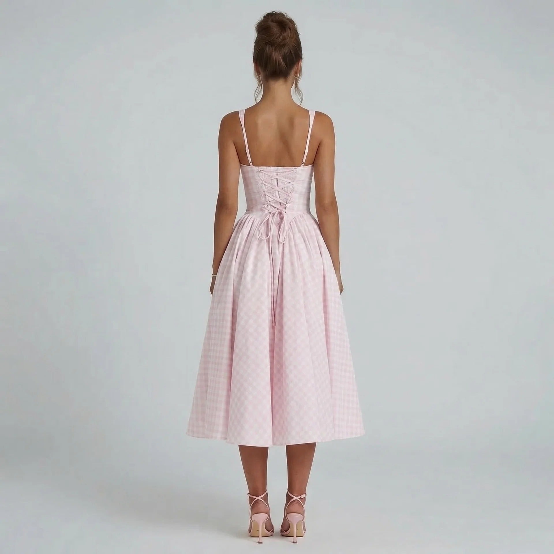Pink gingham corset midi dress with lace-up back detail — back view