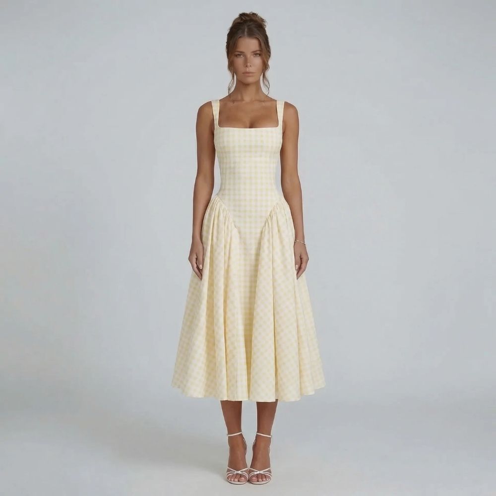 Yellow gingham corset midi dress with square neckline and voluminous skirt — front view