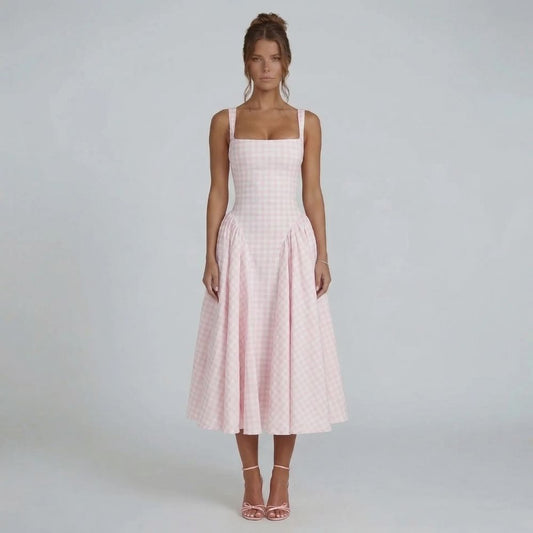 Pink gingham corset midi dress with square neckline and full skirt — front view