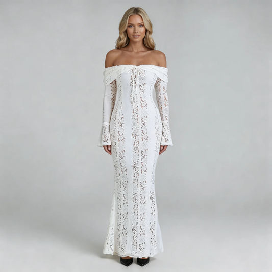White lace off-shoulder maxi dress with flared cuffs — front view showcasing floral lace and floor-length silhouette.