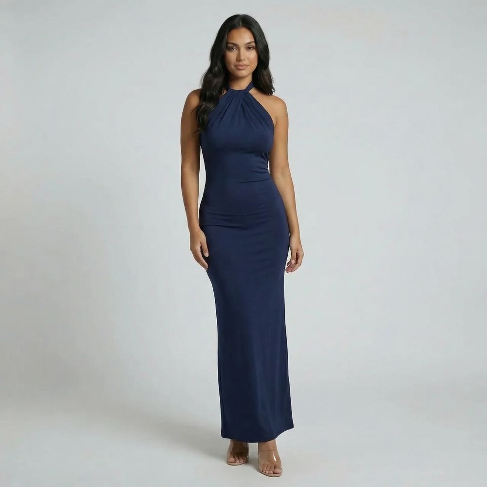 Navy halter ruched maxi dress — front view showcasing ruched waist detail.