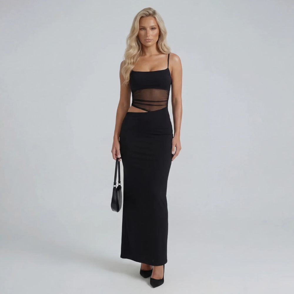 Black cutout mesh maxi dress — full view of sculpted fit with clean neckline