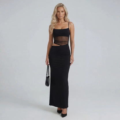 Black cutout mesh maxi dress — full view of sculpted fit with clean neckline