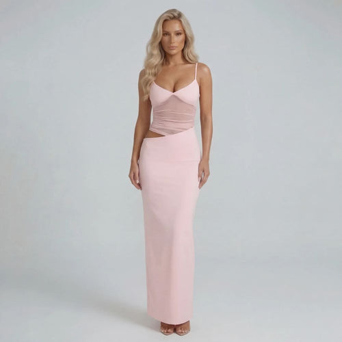 Pink cutout mesh maxi dress with sweetheart neckline — front view showing sleek silhouette
