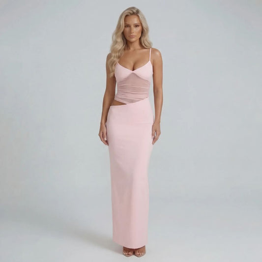 Pink cutout mesh maxi dress with sweetheart neckline — front view showing sleek silhouette