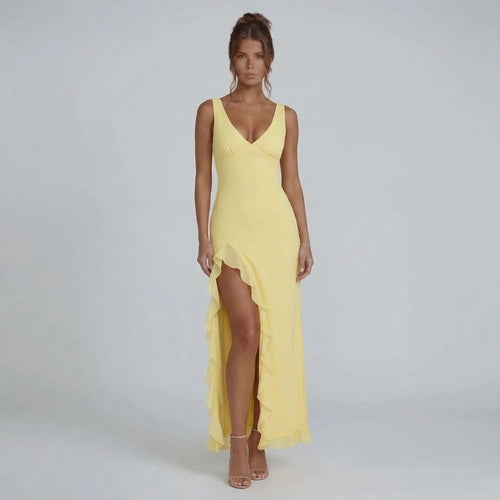 Yellow ruffle maxi dress with V-neckline — front view highlighting cascading slit