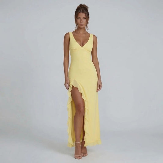 Yellow ruffle maxi dress with V-neckline — front view highlighting cascading slit