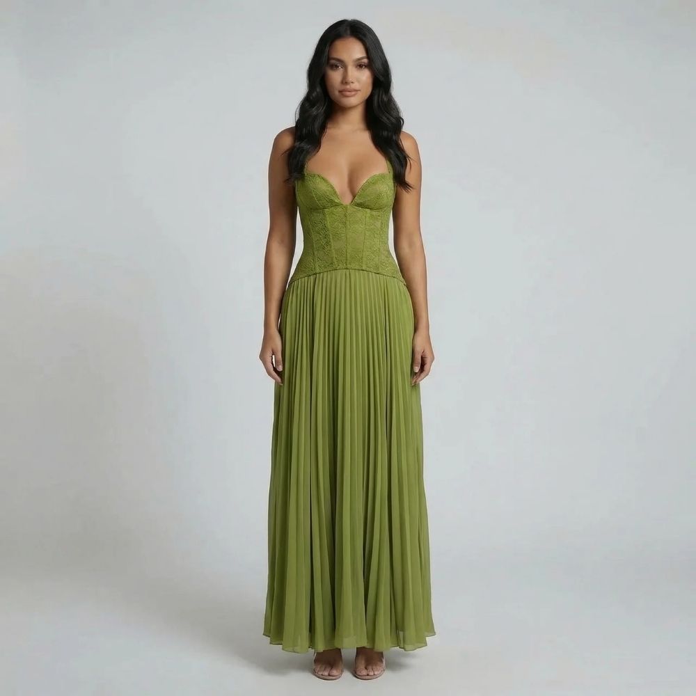 Olive green lace corset maxi dress with a sweetheart neckline, front view.