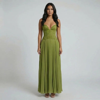 Olive green lace corset maxi dress with a sweetheart neckline, front view.
