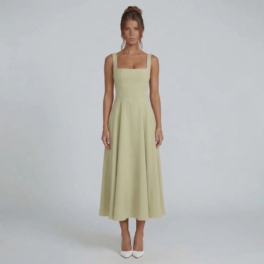 Sage A-line midi dress with square neckline — front view showing fitted bodice and flared skirt.