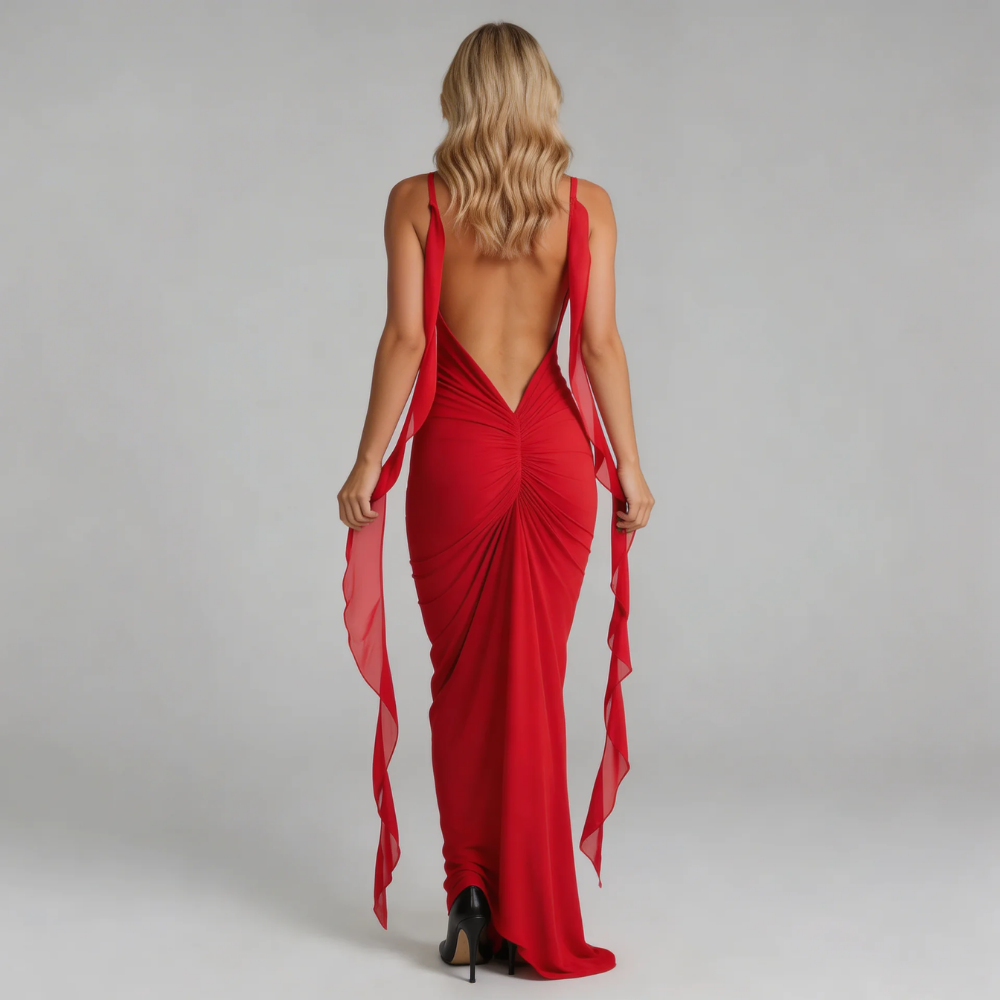 Red bodycon maxi dress with open back and cascading chiffon panels — model backward angle.
