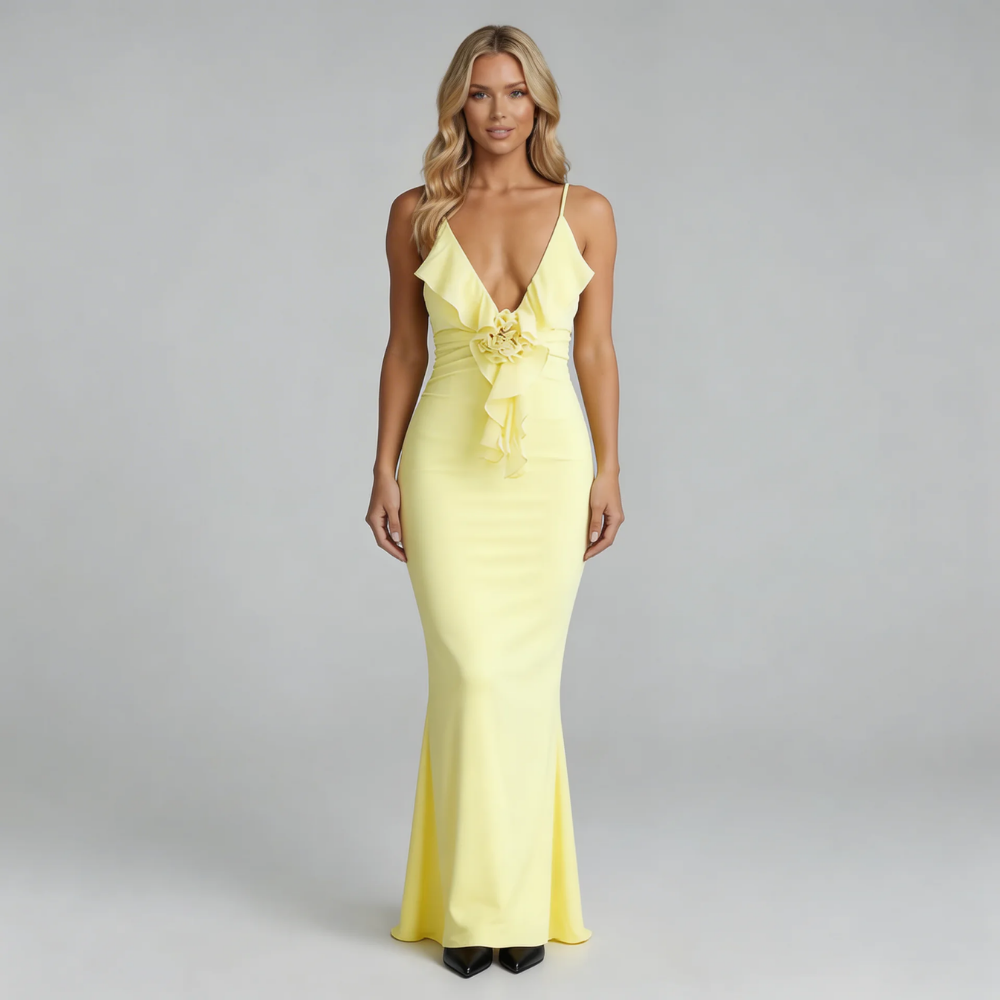 Yellow bodycon maxi dress with deep V-neckline and floral ruffle detail — front view.
