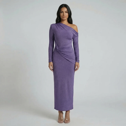 Purple shimmer one-shoulder maxi dress with twist ruching, styled front look.