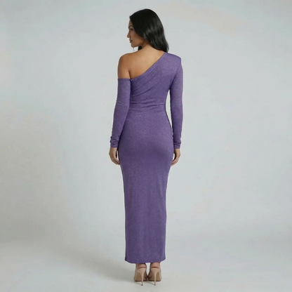Purple shimmer maxi dress, back view showing refined silhouette and long sleeves.