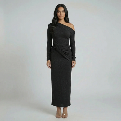 Black shimmer one-shoulder maxi dress with twist ruching, front view.