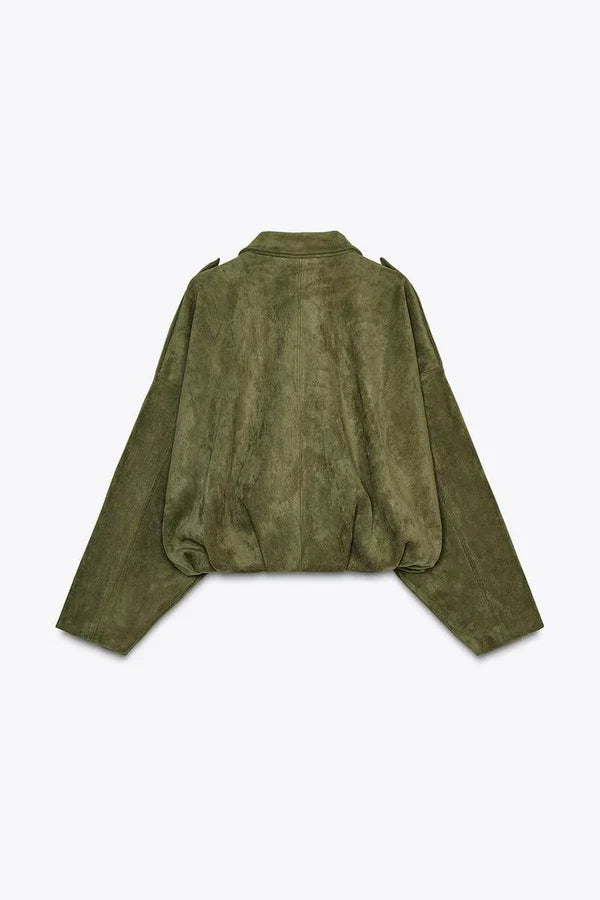 Women olive collared jacket, back view