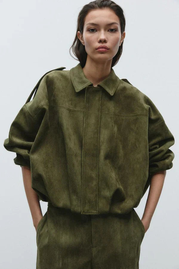 Women olive collared jacket, side view