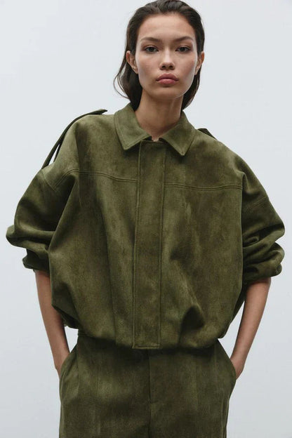 Women olive collared jacket, side view
