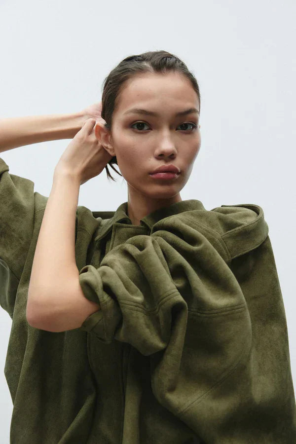 Women olive collared jacket, detail