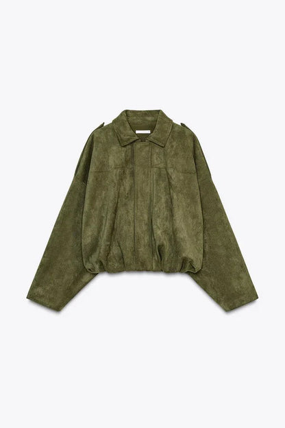 Women olive collared jacket, front view