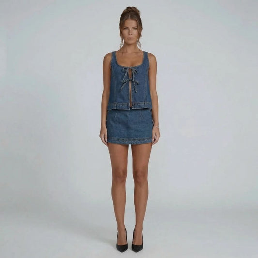 Navy denim tie-front mini skirt set — front view showcasing scoop-neck top and A-line mini skirt.