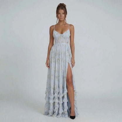 Blue floral corset maxi dress with tiered ruffles and high side slit — front view showcasing feminine silhouette