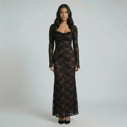 Black lace maxi dress with square neckline and sheer long sleeves — front view on model.