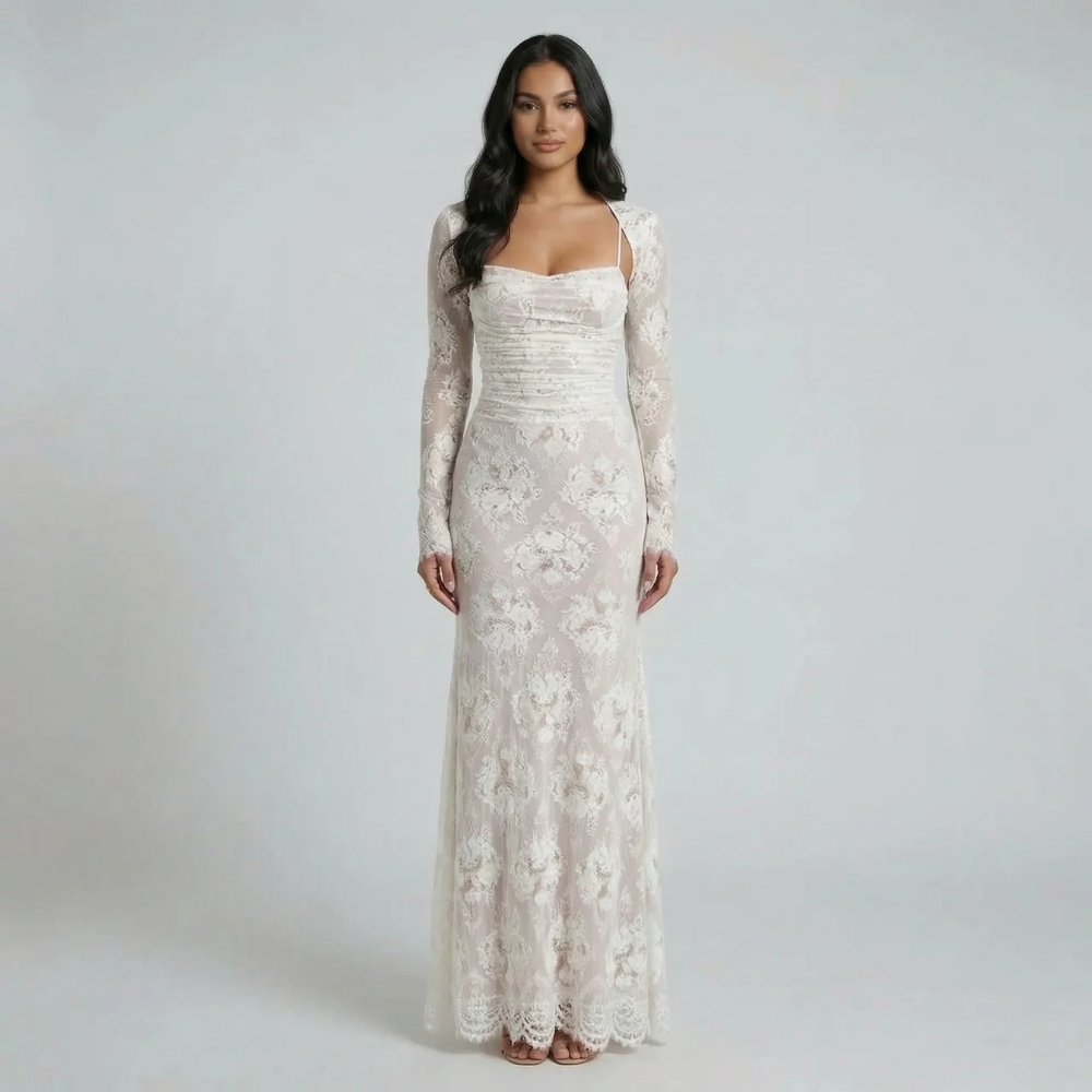 White lace maxi dress with square neckline and corset back — front view on model.