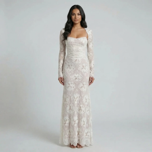 White lace maxi dress with square neckline and corset back — front view on model.